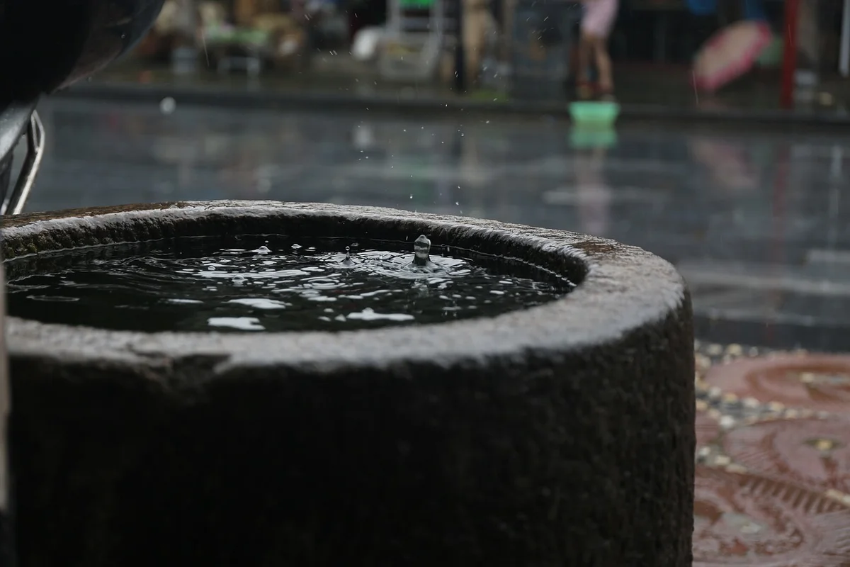 Close-up of a rough-textured stone water basin in a public setting, illustrating an unsafe open water feature that should be avoided in hermit crab tanks.