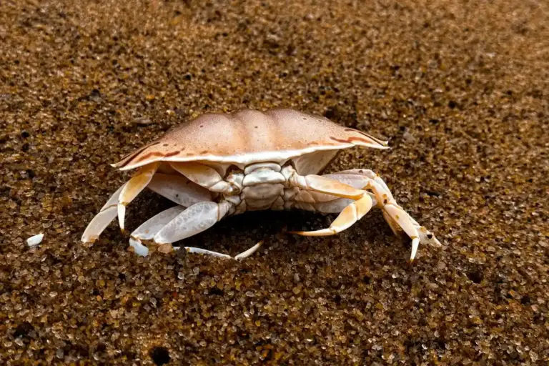 Light brown land hermit crab on sandy substrate with claws raised, illustrating territorial or defensive behavior.