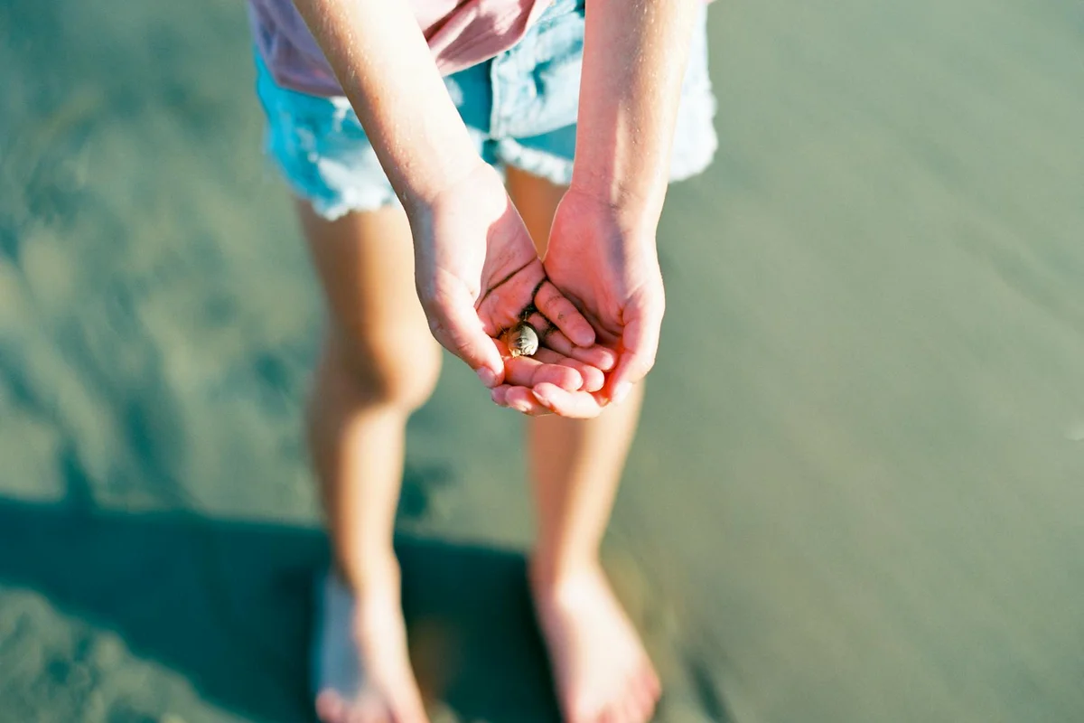Hands cupping a small hermit crab above a sandy beach with bare feet visible in the background.
