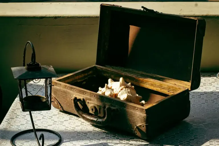 Open wooden chest with seashells inside, placed on a table next to a decorative lantern