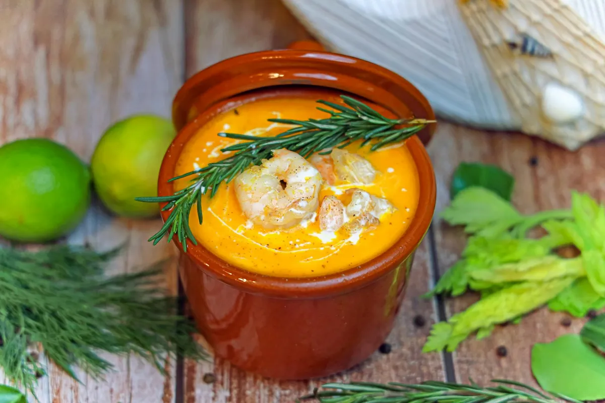 Orange creamy dish with shrimp and rosemary in a brown clay pot, surrounded by greens and lemons, illustrating a prepared hermit crab meal.